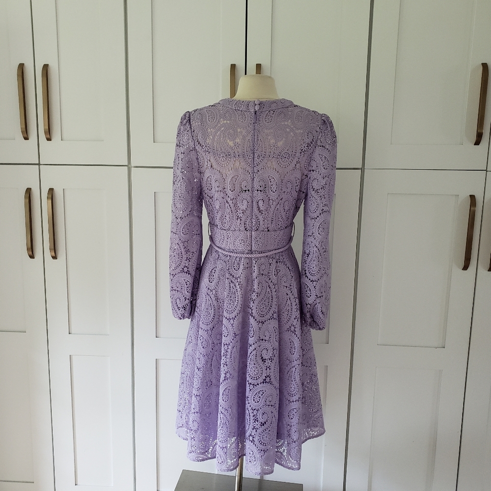 Pesaro Purple Eyelet Lace Dress Womens M Lined Long Sleeve Boho Fit Flare Midi - Picture 2 of 8
